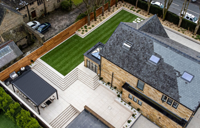 Drone shot of a landscaped garden in Lancashire